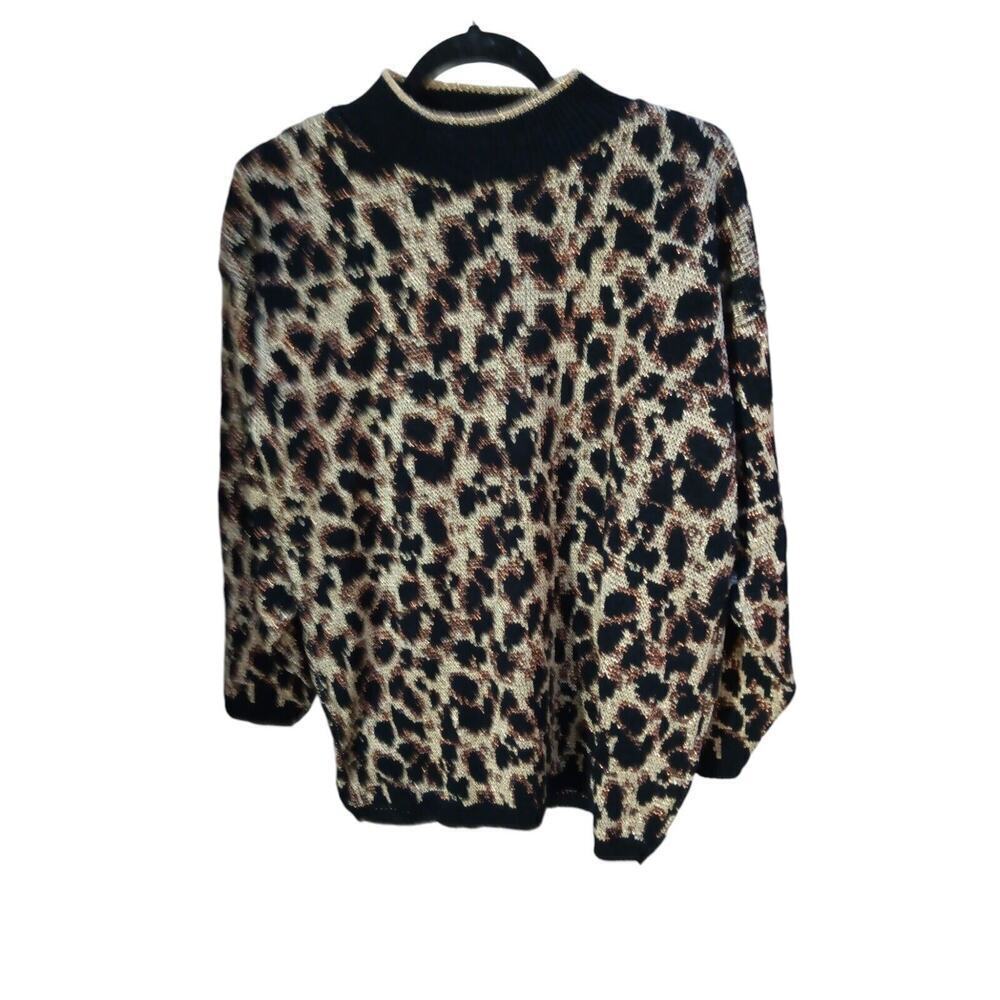 ROSE Vintage Leopard Print Sweater With Metallic Sz L 80s Grannycore 90's